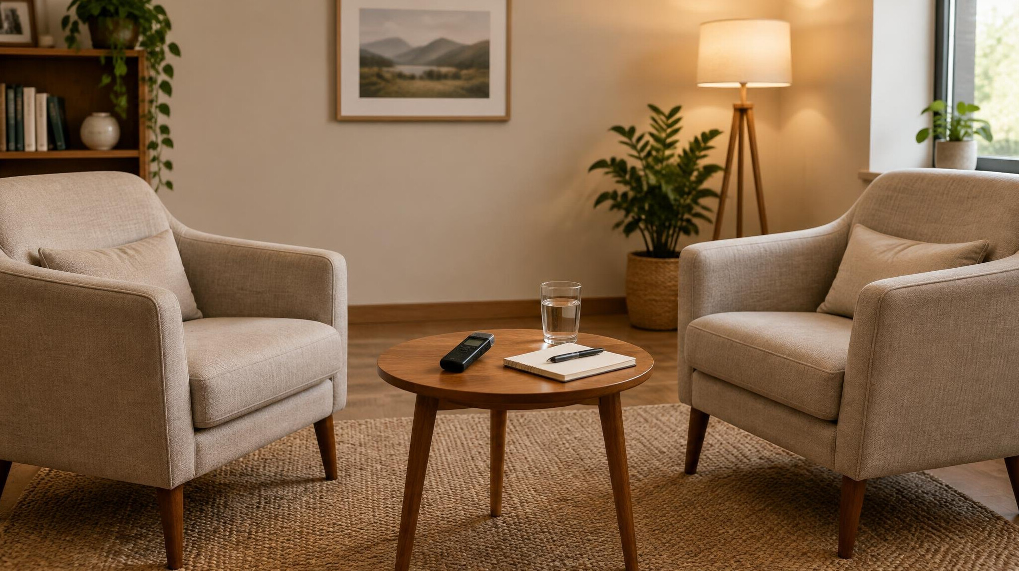 Two empty armchairs and a small table with a voice recorder in an interview room