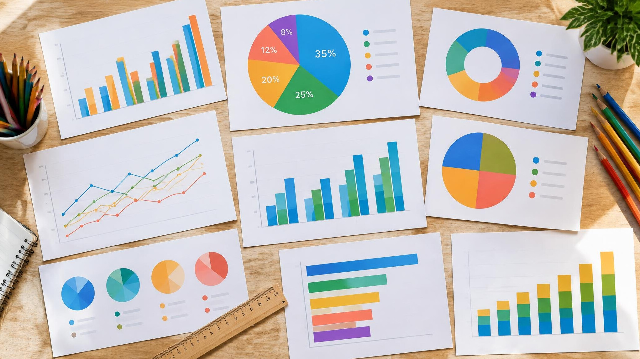 Printed infographics and charts spread across a design table
